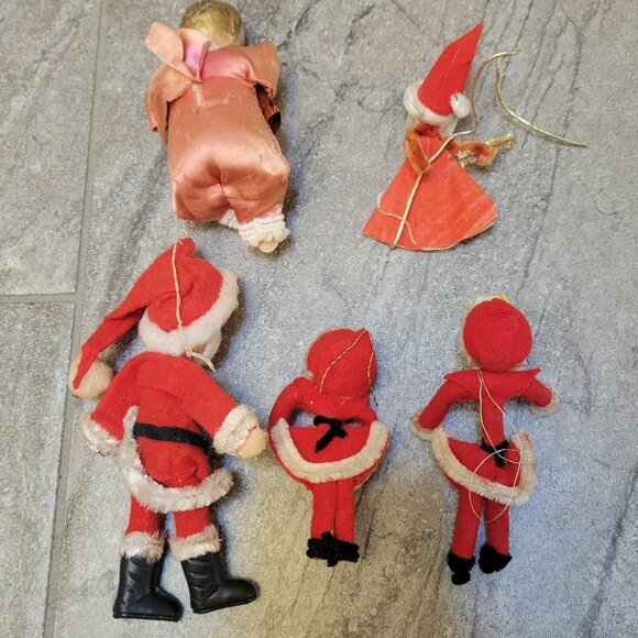 Vtg~KITSCHY~Christmas Ornament Lot 5 Japan Santa Angel Pixie Elves Flocked Bead - Picture 2 of 7